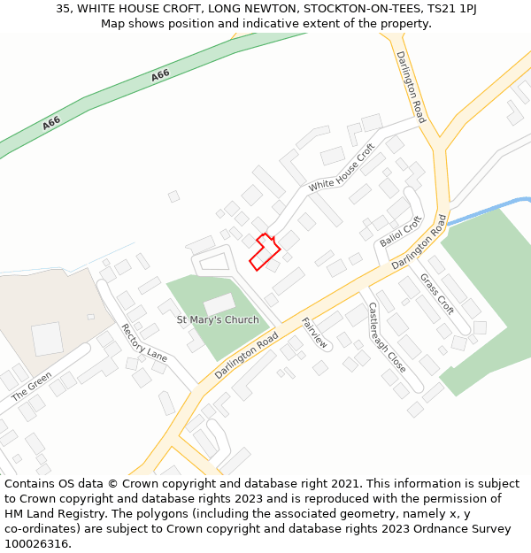 35, WHITE HOUSE CROFT, LONG NEWTON, STOCKTON-ON-TEES, TS21 1PJ: Location map and indicative extent of plot