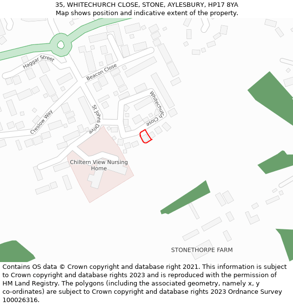 35, WHITECHURCH CLOSE, STONE, AYLESBURY, HP17 8YA: Location map and indicative extent of plot