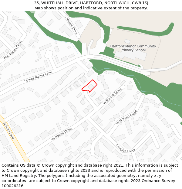 35, WHITEHALL DRIVE, HARTFORD, NORTHWICH, CW8 1SJ: Location map and indicative extent of plot