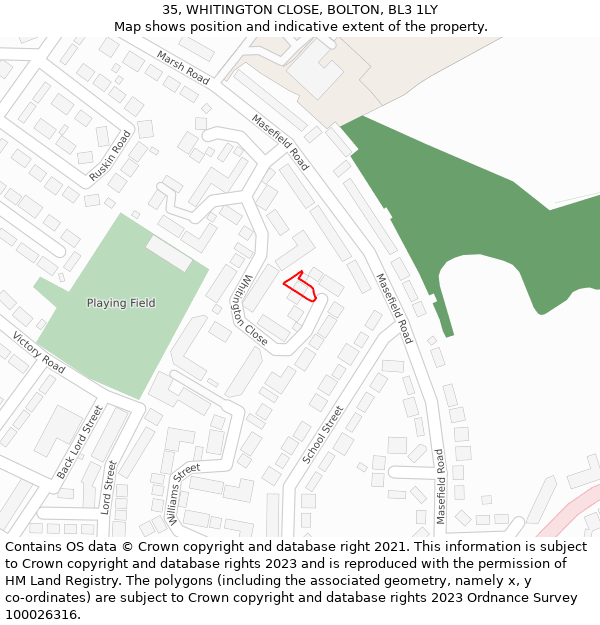 35, WHITINGTON CLOSE, BOLTON, BL3 1LY: Location map and indicative extent of plot