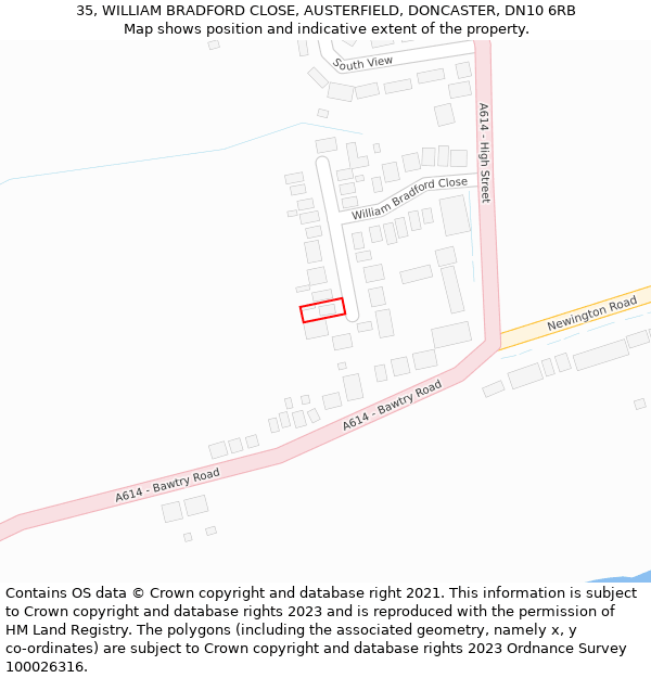 35, WILLIAM BRADFORD CLOSE, AUSTERFIELD, DONCASTER, DN10 6RB: Location map and indicative extent of plot