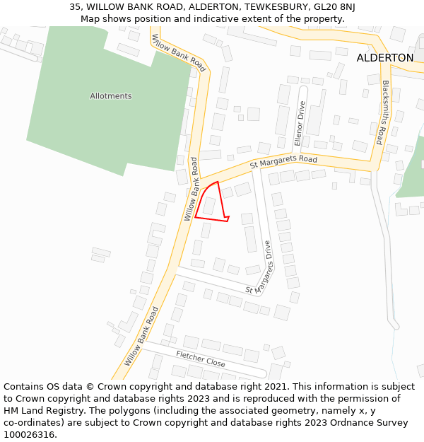 35, WILLOW BANK ROAD, ALDERTON, TEWKESBURY, GL20 8NJ: Location map and indicative extent of plot
