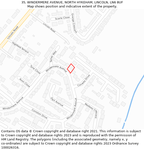 35, WINDERMERE AVENUE, NORTH HYKEHAM, LINCOLN, LN6 8UF: Location map and indicative extent of plot