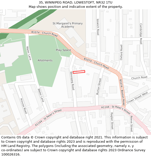 35, WINNIPEG ROAD, LOWESTOFT, NR32 1TU: Location map and indicative extent of plot