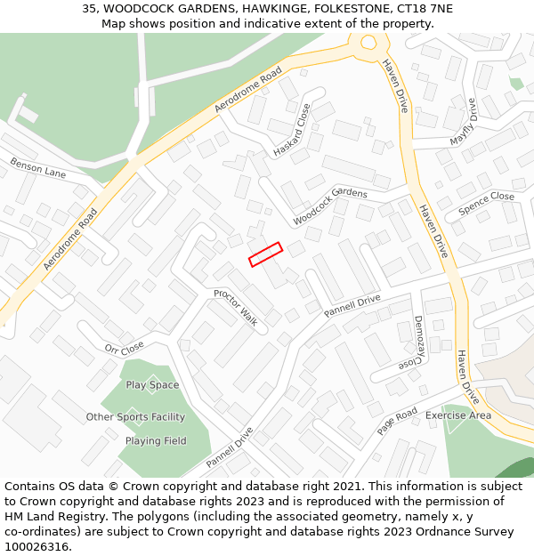 35, WOODCOCK GARDENS, HAWKINGE, FOLKESTONE, CT18 7NE: Location map and indicative extent of plot