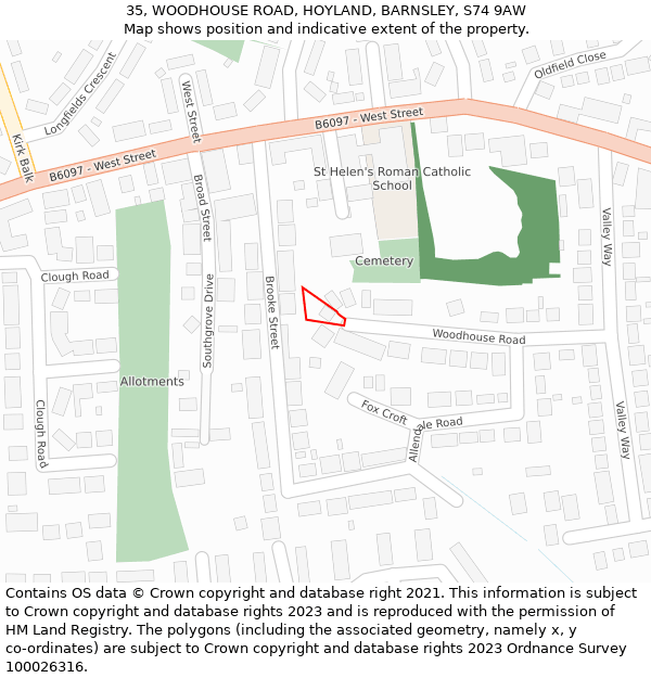 35, WOODHOUSE ROAD, HOYLAND, BARNSLEY, S74 9AW: Location map and indicative extent of plot