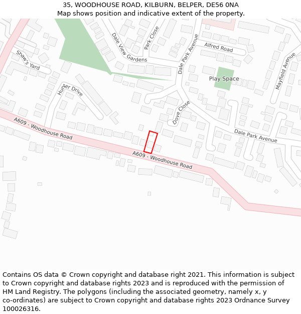 35, WOODHOUSE ROAD, KILBURN, BELPER, DE56 0NA: Location map and indicative extent of plot
