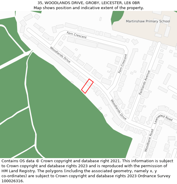 35, WOODLANDS DRIVE, GROBY, LEICESTER, LE6 0BR: Location map and indicative extent of plot