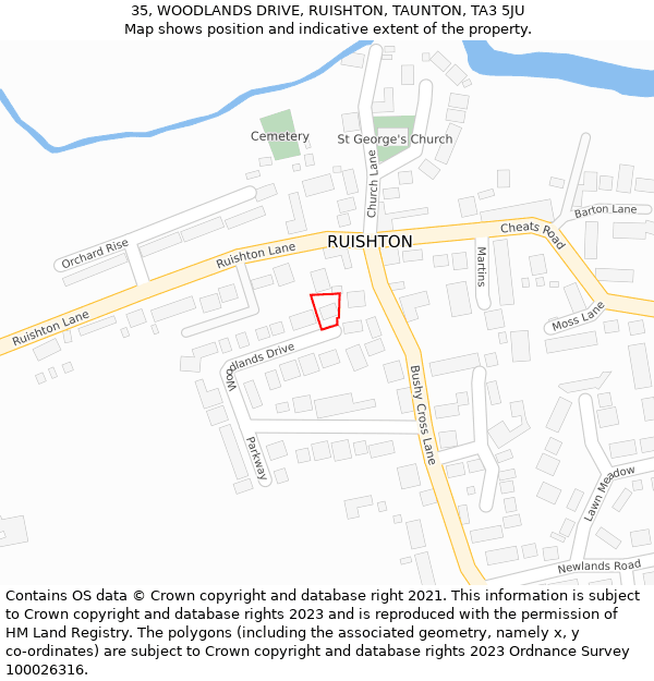 35, WOODLANDS DRIVE, RUISHTON, TAUNTON, TA3 5JU: Location map and indicative extent of plot