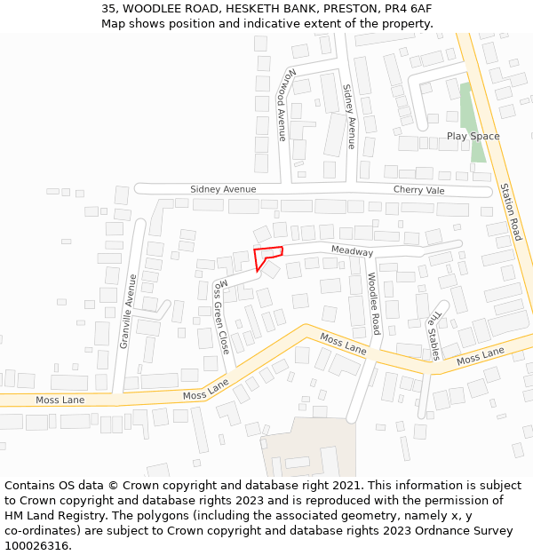 35, WOODLEE ROAD, HESKETH BANK, PRESTON, PR4 6AF: Location map and indicative extent of plot