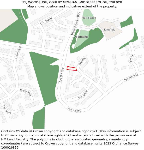 35, WOODRUSH, COULBY NEWHAM, MIDDLESBROUGH, TS8 0XB: Location map and indicative extent of plot