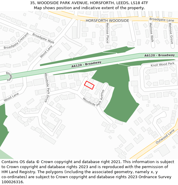 35, WOODSIDE PARK AVENUE, HORSFORTH, LEEDS, LS18 4TF: Location map and indicative extent of plot