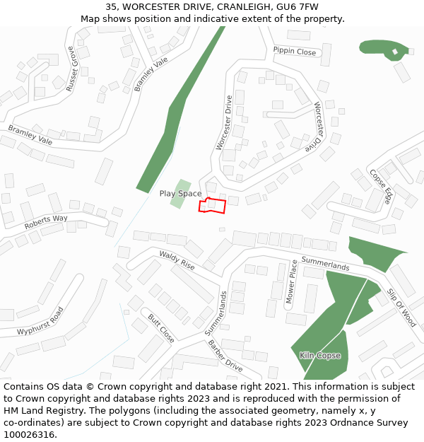 35, WORCESTER DRIVE, CRANLEIGH, GU6 7FW: Location map and indicative extent of plot