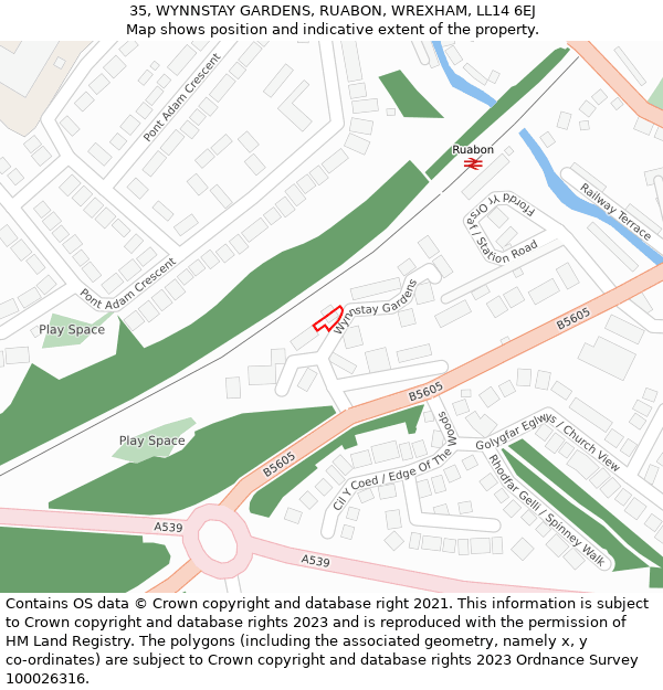 35, WYNNSTAY GARDENS, RUABON, WREXHAM, LL14 6EJ: Location map and indicative extent of plot
