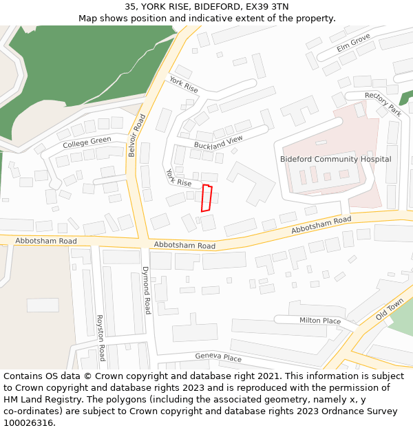 35, YORK RISE, BIDEFORD, EX39 3TN: Location map and indicative extent of plot