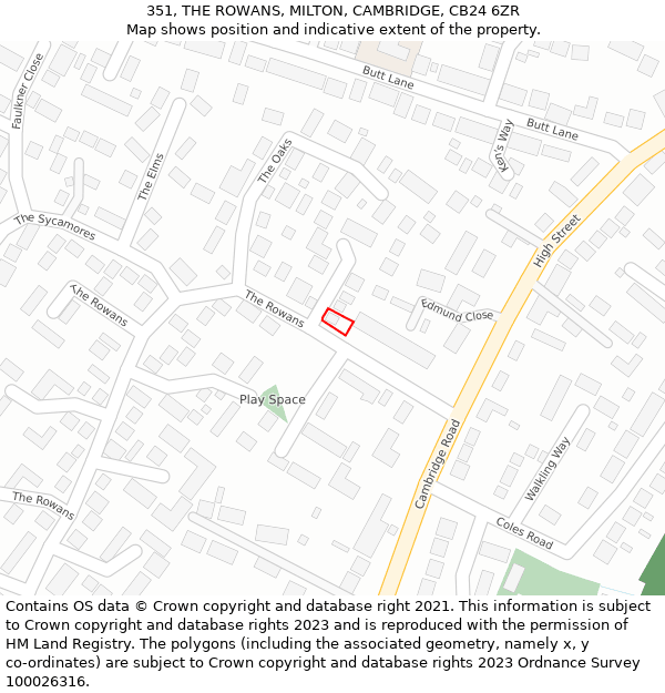 351, THE ROWANS, MILTON, CAMBRIDGE, CB24 6ZR: Location map and indicative extent of plot