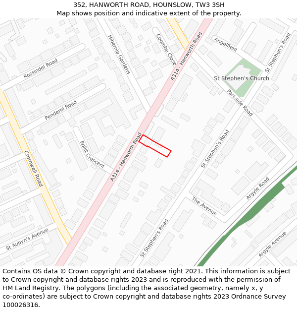 352, HANWORTH ROAD, HOUNSLOW, TW3 3SH: Location map and indicative extent of plot