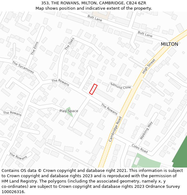 353, THE ROWANS, MILTON, CAMBRIDGE, CB24 6ZR: Location map and indicative extent of plot