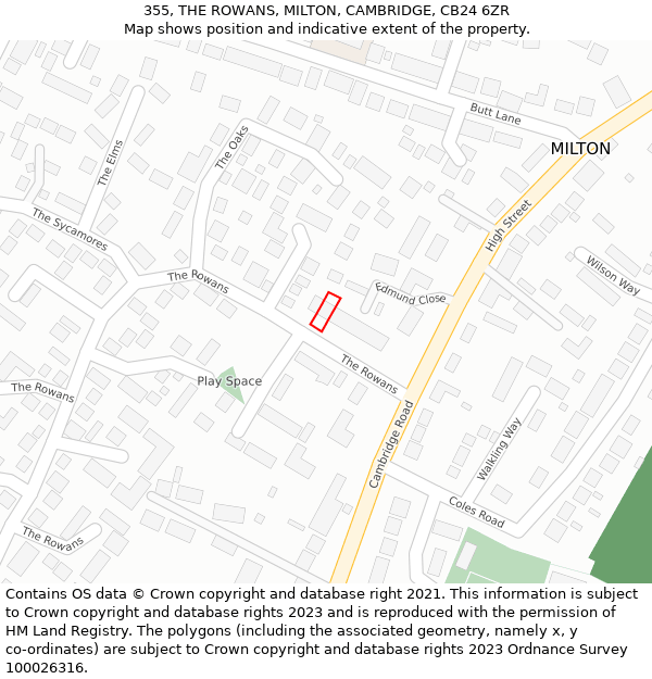 355, THE ROWANS, MILTON, CAMBRIDGE, CB24 6ZR: Location map and indicative extent of plot