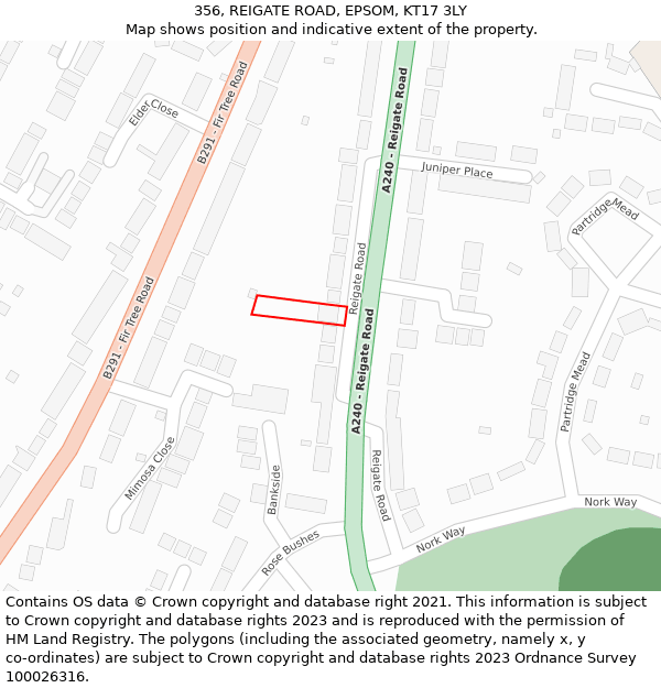 356, REIGATE ROAD, EPSOM, KT17 3LY: Location map and indicative extent of plot