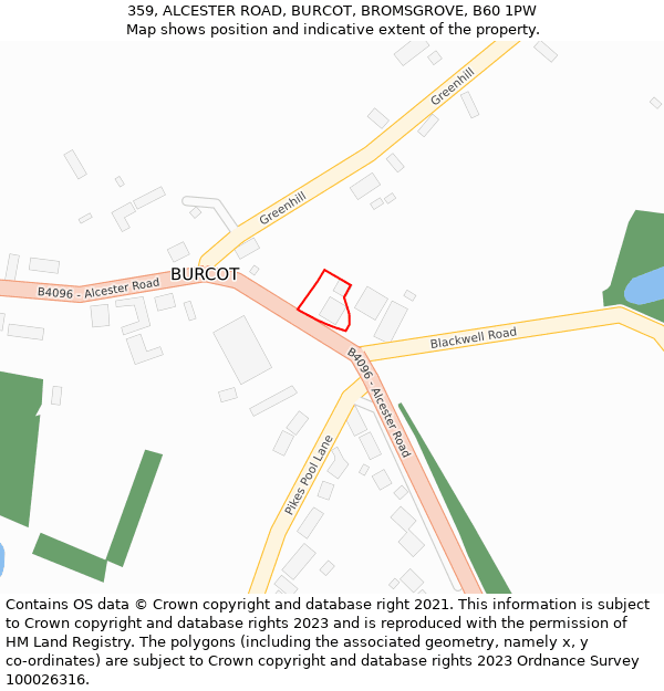 359, ALCESTER ROAD, BURCOT, BROMSGROVE, B60 1PW: Location map and indicative extent of plot