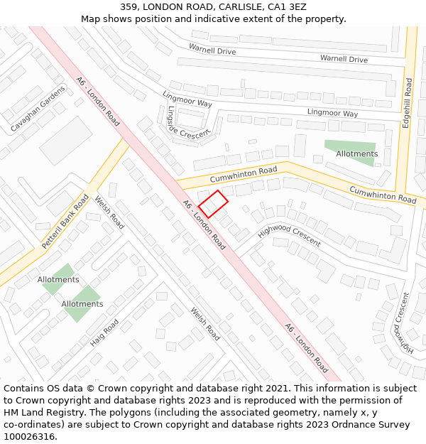 359, LONDON ROAD, CARLISLE, CA1 3EZ: Location map and indicative extent of plot