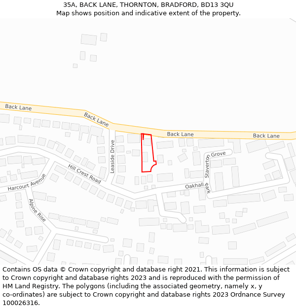 35A, BACK LANE, THORNTON, BRADFORD, BD13 3QU: Location map and indicative extent of plot