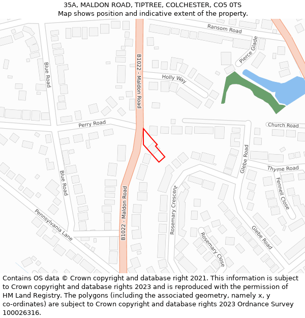 35A, MALDON ROAD, TIPTREE, COLCHESTER, CO5 0TS: Location map and indicative extent of plot