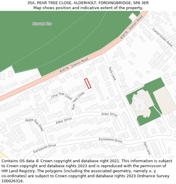 35A, PEAR TREE CLOSE, ALDERHOLT, FORDINGBRIDGE, SP6 3ER: Location map and indicative extent of plot