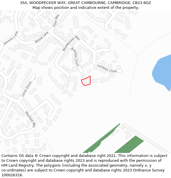 35A, WOODPECKER WAY, GREAT CAMBOURNE, CAMBRIDGE, CB23 6GZ: Location map and indicative extent of plot