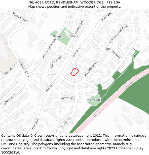 36, ACER ROAD, RENDLESHAM, WOODBRIDGE, IP12 2GA: Location map and indicative extent of plot