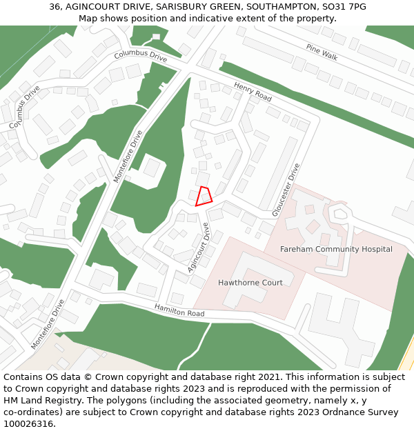 36, AGINCOURT DRIVE, SARISBURY GREEN, SOUTHAMPTON, SO31 7PG: Location map and indicative extent of plot