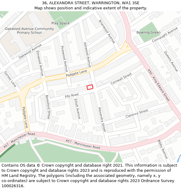 36, ALEXANDRA STREET, WARRINGTON, WA1 3SE: Location map and indicative extent of plot