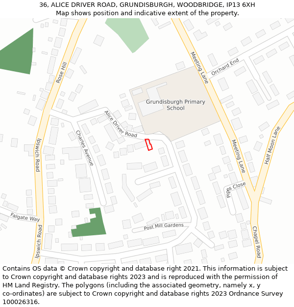 36, ALICE DRIVER ROAD, GRUNDISBURGH, WOODBRIDGE, IP13 6XH: Location map and indicative extent of plot