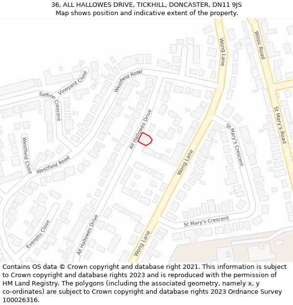 36, ALL HALLOWES DRIVE, TICKHILL, DONCASTER, DN11 9JS: Location map and indicative extent of plot