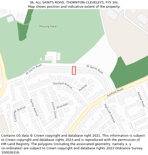 36, ALL SAINTS ROAD, THORNTON-CLEVELEYS, FY5 3AL: Location map and indicative extent of plot