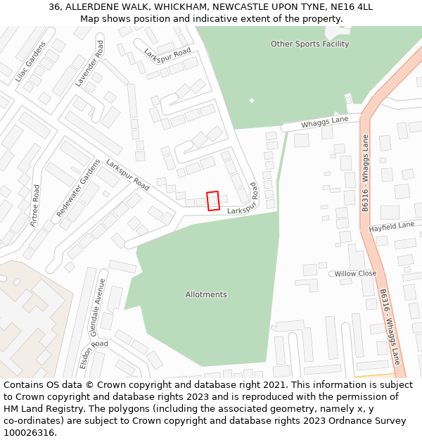 36, ALLERDENE WALK, WHICKHAM, NEWCASTLE UPON TYNE, NE16 4LL: Location map and indicative extent of plot