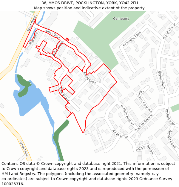 36, AMOS DRIVE, POCKLINGTON, YORK, YO42 2FH: Location map and indicative extent of plot