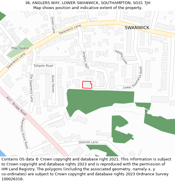 36, ANGLERS WAY, LOWER SWANWICK, SOUTHAMPTON, SO31 7JH: Location map and indicative extent of plot