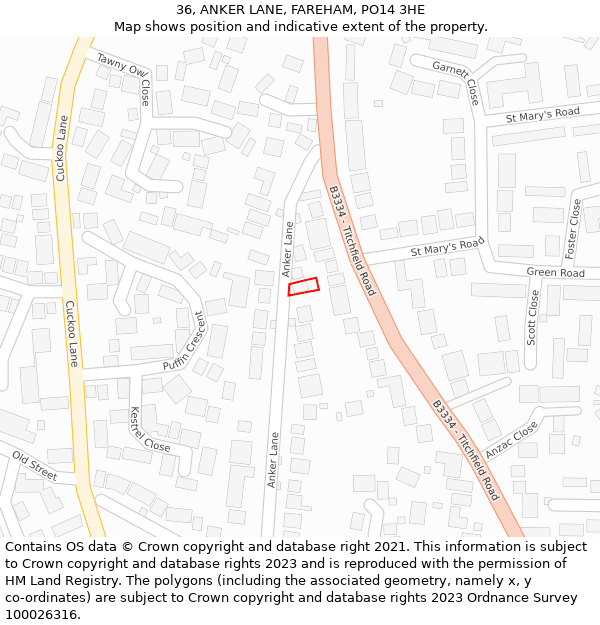 36, ANKER LANE, FAREHAM, PO14 3HE: Location map and indicative extent of plot