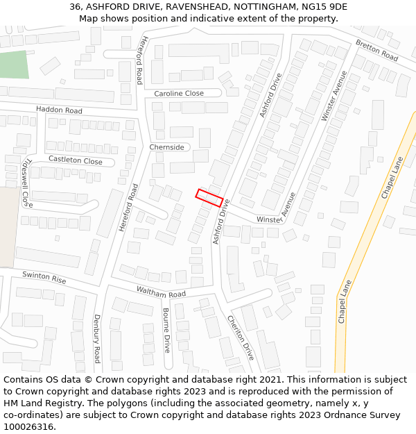 36, ASHFORD DRIVE, RAVENSHEAD, NOTTINGHAM, NG15 9DE: Location map and indicative extent of plot