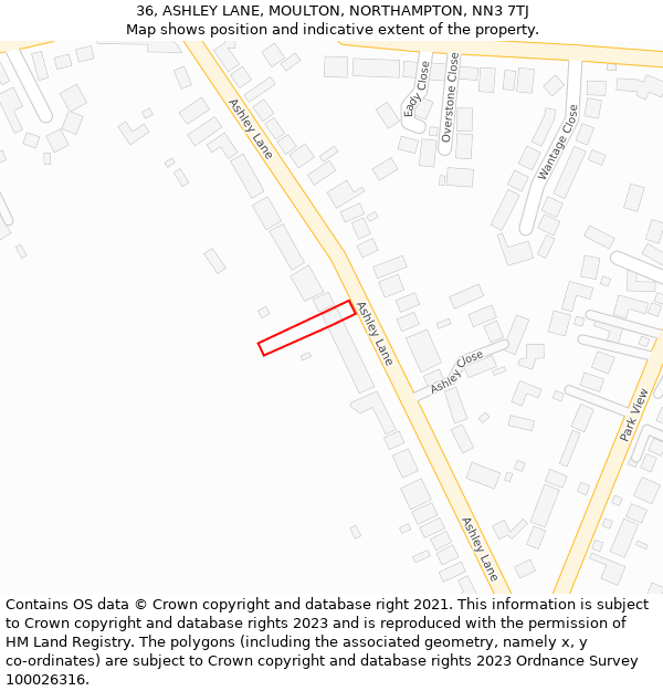 36, ASHLEY LANE, MOULTON, NORTHAMPTON, NN3 7TJ: Location map and indicative extent of plot