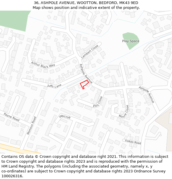 36, ASHPOLE AVENUE, WOOTTON, BEDFORD, MK43 9ED: Location map and indicative extent of plot