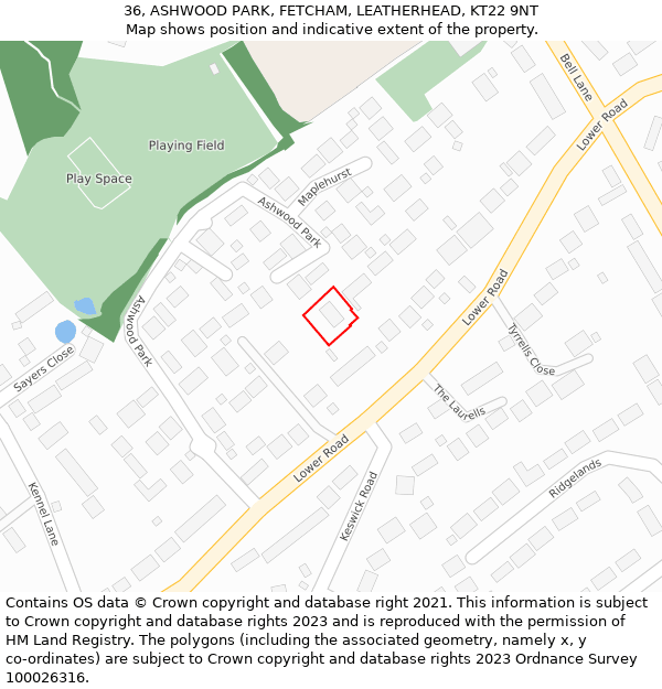 36, ASHWOOD PARK, FETCHAM, LEATHERHEAD, KT22 9NT: Location map and indicative extent of plot