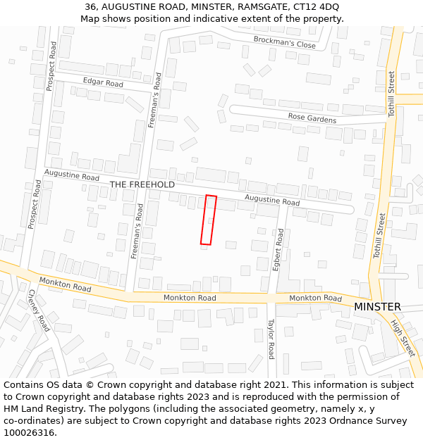 36, AUGUSTINE ROAD, MINSTER, RAMSGATE, CT12 4DQ: Location map and indicative extent of plot