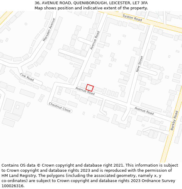 36, AVENUE ROAD, QUENIBOROUGH, LEICESTER, LE7 3FA: Location map and indicative extent of plot