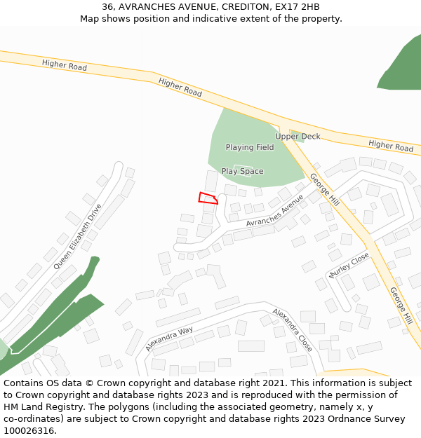36, AVRANCHES AVENUE, CREDITON, EX17 2HB: Location map and indicative extent of plot