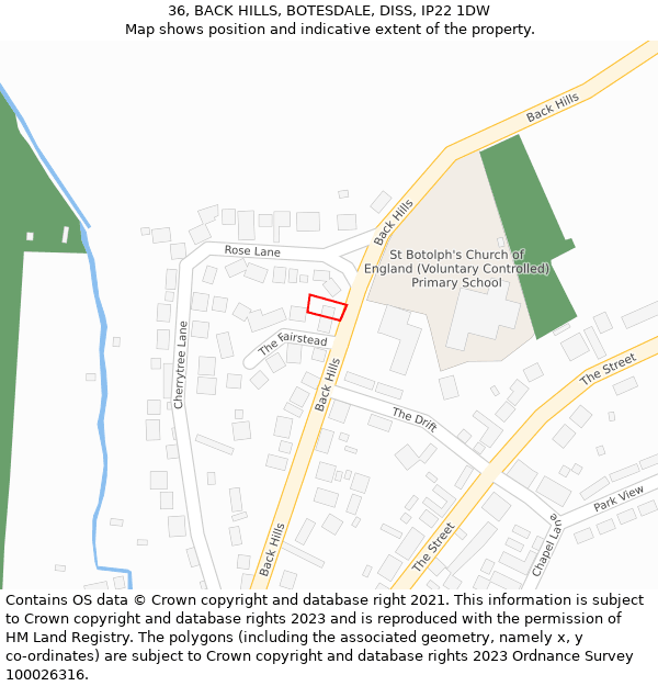 36, BACK HILLS, BOTESDALE, DISS, IP22 1DW: Location map and indicative extent of plot