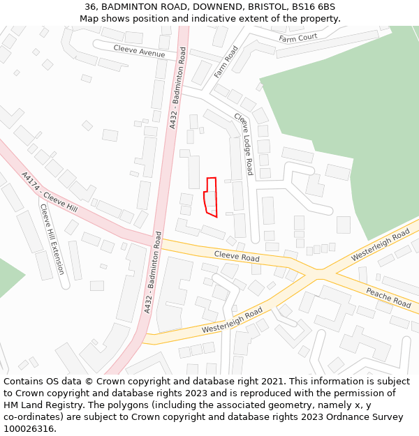 36, BADMINTON ROAD, DOWNEND, BRISTOL, BS16 6BS: Location map and indicative extent of plot