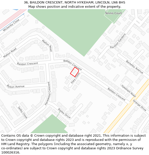 36, BAILDON CRESCENT, NORTH HYKEHAM, LINCOLN, LN6 8HS: Location map and indicative extent of plot